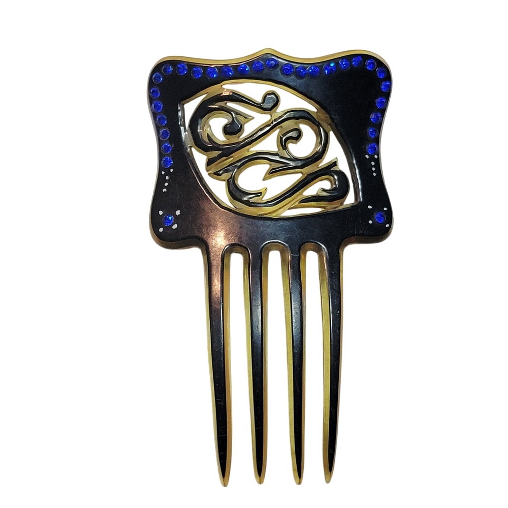 Vintage Art Deco Style Hair Comb Blue Rhinestone Faux Tortoiseshell Hair Comb